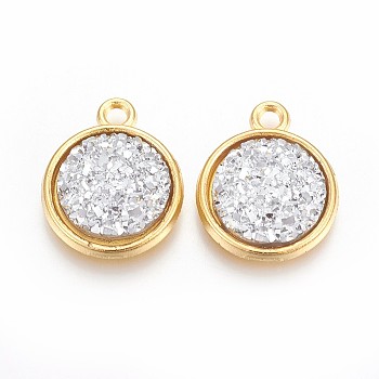 Resin Pendants, with Golden Tone Alloy Findings, Flat Round, Light Grey, 18x15x3.5~4mm, Hole: 1.8mm