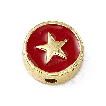 Brass Enamel Beads, Long-Lasting Plated, Cadmium Free & Lead Free, Real 18K Gold Plated, Flat Round with Star, FireBrick, 11x4.5mm, Hole: 1.8mm