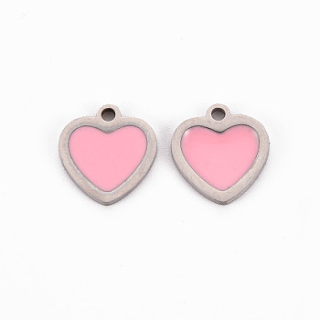 304 Stainless Steel Enamel Charms, Stainless Steel Color, Heart, Pink, 10x9.5x1mm, Hole: 1.2mm