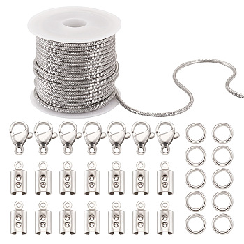 DIY Chain Necklaces Making Kits, Including 5m 304 Stainless Steel Round Snake Chains, 90Pcs Jump Ring & Lobster Claw Clasps & Folding Crimp Ends & Plastic Spools, Stainless Steel Color, 2mm