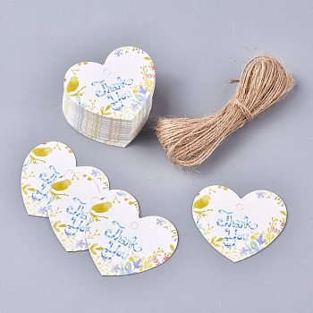 Paper Gift Tags, Hang Tags, with Jute Twine, for Wedding/Valentine's Day/Thanksgiving, Heart with Flower Pattern and Word Thank You, Light Sky Blue, 39.5x45x0.5mm, Hole: 3.7mm, 50pcs/set