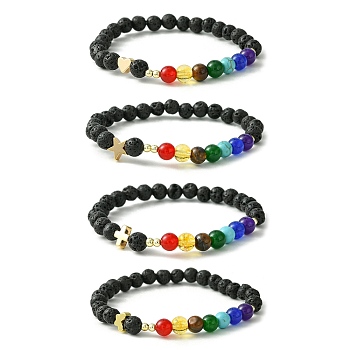 Natural & Synthetic Mixed Gemstone Chakra Theme Bracelet, Brass Beaded Stretch Bracelet, Mixed Shapes, Inner Diameter: 2-1/8 inch(5.5cm)