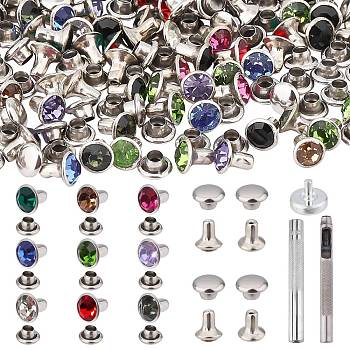 Brass Rhinestone Rivets, Caps and Studs, Steel Eyelets Installation & Leather Tools, for Leather Craft DIY Making, Platinum, Flat Round, Mixed Color, Stud: 6.5x6mm, Cap: 6x3mm, 200sets/box