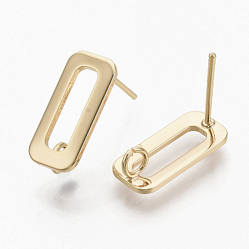 Brass Stud Earring Findings, with Loop, Nickel Free, Real 18K Gold Plated, 15.5x7mm, Hole: 2.5mm, Pin: 0.8mm
