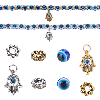 DIY Evil Eye Theme Jewelry Making, 300Pcs Resin & Iron & Alloy Beads, 20Pcs 2 Colors Hamsa Hand/Hand of Miriam Alloy Pendants, Mixed Color, 8x7mm, Hole: 1.5mm, 100pcs