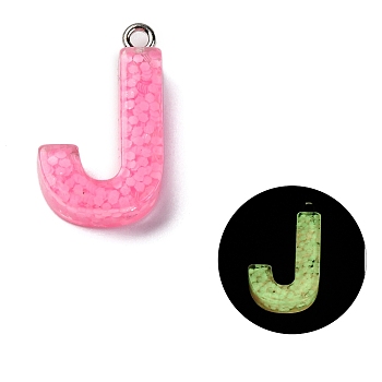 Luminous Resin Pendants, Glow in the Dark, with Platinum Plated Loop, Letter, Letter J, 23x14x5.5mm, Hole: 1.8mm