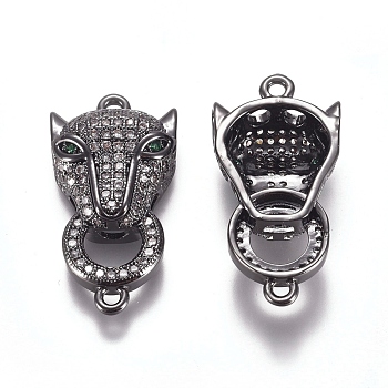 Brass Micro Pave Cubic Zirconia Links connectors, Leopard Head, Clear, Gunmetal, 29x14.6x6.5mm, Hole: 1.6mm