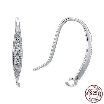 Rhodium Plated 925 Sterling Silver Earring Hooks, with 925 Stamp, with Cubic Zirconia, Platinum, 15x2.5x1.5mm, Hole: 1mm, 20 Gauge, Pin: 0.8mm