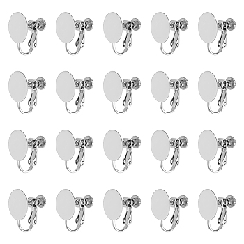 20Pcs 316 Stainless Steel Clip-on Earring Findings, Earring Settings, Flat Round, Stainless Steel Color, 17.5x14x12mm, Tray: 12mm