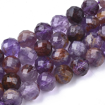 Natural Rutilated Quartz Beads Strands, Faceted, Round, 9.5~10x10mm, Hole: 1mm, about 19pcs/strand, 7.48 inch
