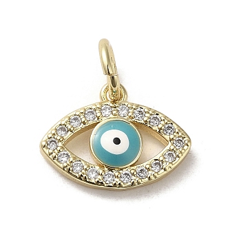 Brass Micro Pave Cubic Zirconia Charms, with Enamel, with Jump Ring, Real 18K Gold Plated, Evil Eye, Turquoise, 10.5x14.5x2.5mm, Hole: 3.6mm