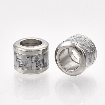304 Stainless Steel Beads, with Fiber, Large Hole Beads, Column with Basket Weave Pattern, Stainless Steel Color, Light Grey, 10x8mm, Hole: 6mm
