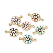 Alloy Crystal Rhinestone Connector Charms, Enamel Style, Flat Round Links with Evil Eye, Light Gold, Mixed Color, 13x23x1.5mm, Hole: 1.4mm(FIND-C019-52KCG)