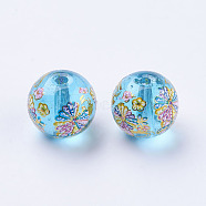 Flower Picture Printed Glass Beads, Round, Deep Sky Blue, 10x9mm, Hole: 1.5mm(GLAA-E399-10mm-D02)