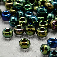 12/0 Grade A Round Glass Seed Beads, Metallic Colours Iris, Teal, 12/0, 2x1.5mm, Hole: 0.3mm, about 30000pcs/bag(SEED-Q008-F605)