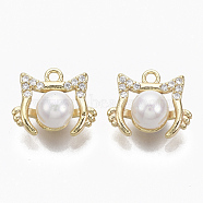 Brass Micro Pave Cubic Zirconia Charms, with Acrylic Imitation Pearl, Nickel Free, Cat, Real 18K Gold Plated, Clear, Seashell Color, 11x13x7mm, Hole: 1.5mm(KK-R132-040-NF)