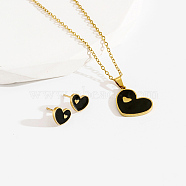 Stainless Steel Enamel Stud Earrings & Necklaces Sets, Heart, Black, 17.7 inch(45cm)(EI2079-2)