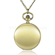 Flat Round Alloy Quartz Pocket Watches, with Iron Chains and Lobster Claw Claspss, Antique Bronze, 31.4 inch, Watch Head: 64x47x15mm, Watch Face: 37mm(WACH-N039-04AB-A)