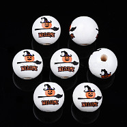 Halloween Printed Natural Wood Beads, Round with Pumpkin & Word Welcome, Coral, 15.5x14.5mm, Hole: 4mm(WOOD-S057-085)