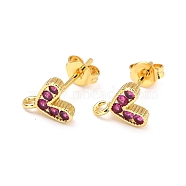 Brass Micro Pave Cubic Zirconia Stud Earrings Finding, with Loop, Real 18K Gold Plated, Heart, Fuchsia, 8.2x7.3mm, Hole: 1.2mm, Pin: 0.9mm(ZIRC-D120-04G-01)