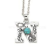 Letter A~Z Antique Silver Plated Alloy with Synthetic Turquoise Pendant Necklaces, with Iron Cable Chains, Letter N, 18.70 inch(475mm), Letter N: 25.5x23mm(NJEW-G080-01N)
