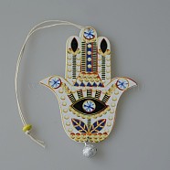 Wood Hamsa Hand/Hand of Miriam with Evil Eye Hanging Ornament, for Car Rear View Mirror Decoration, Floral White, 100mm(WG88966-05)