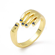 Cubic Zirconia Hand Plam Open Cuff Ring, Golden Brass Jewelry for Women, Royal Blue, US Size 6 3/4(17.1mm)(RJEW-P079-06G-02)