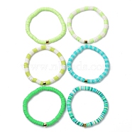 Handmade Polymer Clay Heishi Beads Stretch Bracelets Sets, with Golden Plated Stainless Steel Spacer Beads, Green, Inner Diameter: 2 inch(5.2cm), 6pcs/set(BJEW-JB05902-03)