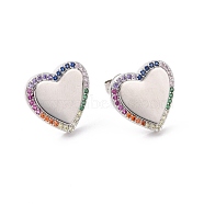 Colorful Cubic Zirconia Heart Stud Earrings, Rack Plating Brass Jewelry for Women, Cadmium Free & Lead Free, Platinum, 14.5x15mm, Pin: 0.7mm(EJEW-C030-06P)