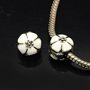 Alloy Enamel Flower Large Hole Style European Beads, Antique Silver, White, 10x11mm, Hole: 4mm(X-MPDL-R036-51J)
