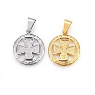 304 Stainless Steel Pendants, Flat Round with Cross, Mixed Color, 28.5x25x3mm, Hole: 11x6mm(STAS-P211-32)