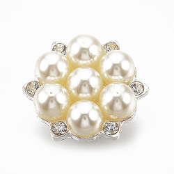 Alloy Shank Buttons, with Rhinestone and ABS Plastic Imitation Pearl, 1-Hole, Flower, Crystal, Silver Color Plated, 20.5x20.5x12mm, Hole: 2mm(PALLOY-S065-09S)