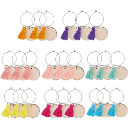 24Pcs 8 Colors Flat Round Wood & Tassel Dangle Wine Glass Charms, Brass Hoop Earrings, Mixed Color, 55mm, Pin: 0.8mm, 3pcs/color(AJEW-BC0003-13)