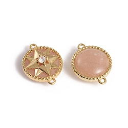Natural Sunstone Links connectors, with Golden Plated Brass Findings and Cubic Zirconia, Long-Lasting Plated, Flat Round with Star, 18.5x14x6.5mm, Hole: 1.2mm(KK-L196-01B)