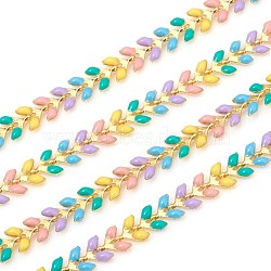 Brass Handmade Chains, Unwelded, with Enameled Cobs, Long-Lasting Plated, Leaf, Real 18K Gold Plated, with Spool, Colorful, 6.5x7x2mm, about 32.8 Feet(10m)/roll(CHC-P004-C09G)