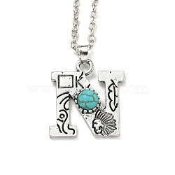 Letter A~Z Antique Silver Plated Alloy with Synthetic Turquoise Pendant Necklace, with Iron Cable Chains, Letter N, 18.70 inch(475mm), Letter N: 25.5x23mm(NJEW-G080-01N)