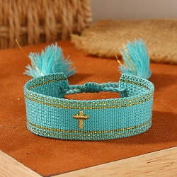 Cross Embroidered Tassel Cloth Woven Braid Bracelet, Turquoise, Inner Diameter: 2-1/8~2-5/8 inch(5.5~6.8cm)(PW-WG23157-03)