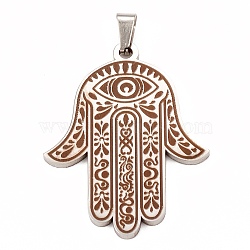 304 Stainless Steel Pendants, Hamsa Hand/Hand of Miriam with Eye Charm, Stainless Steel Color, 33x24x1mm, Hole: 4.5x3mm(STAS-P321-05P)