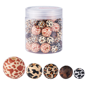Fashewelry 100Pcs 5 Styles Printed Natural Wooden Beads, Round, Mixed Color, 20pcs/style