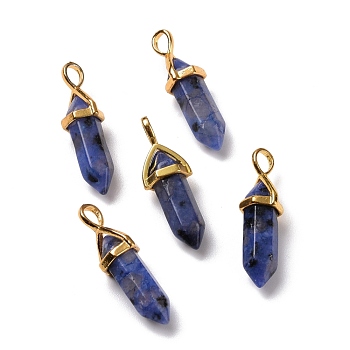 Natural Blue Sesame Jasper Pendants, Faceted, with Golden Tone Brass Findings, Lead free & Cadmium Free, Dyed, Bullet, 27~30x9~10x7~8mm, Hole: 4x3mm