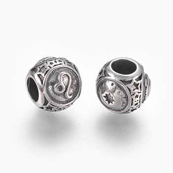 316 Surgical Stainless Steel European Beads, Large Hole Beads, Rondelle, Leo, Antique Silver, 10x9mm, Hole: 4mm