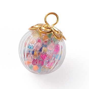 Handmade Transparent Blown Glass Globe Pendants, with Glass Seed Beads inside, Alloy Bead Caps and Iron Eye Pin, Golden, Pink, 21.5x16.5mm, Hole: 3mm