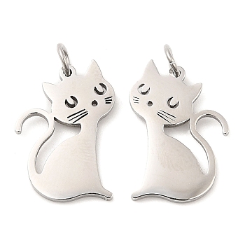 304 Stainless Steel Pendants, with Jump Ring, Cat Charm, Stainless Steel Color, 19.5x13x1.4mm, Hole: 3.2mm