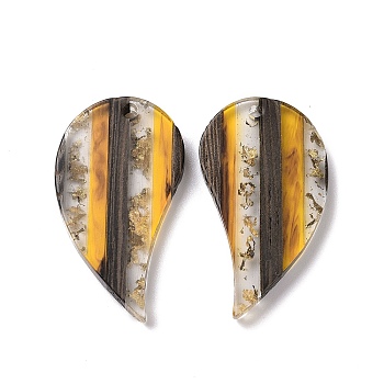 Transparent Resin & Walnut Wood Pendants, with Gold Foil, Leaf Charm, Gold, 38x21x3.8mm, Hole: 2mm