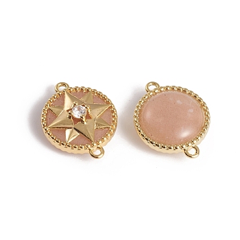 Natural Sunstone Links connectors, with Golden Plated Brass Findings and Cubic Zirconia, Long-Lasting Plated, Flat Round with Star, 18.5x14x6.5mm, Hole: 1.2mm