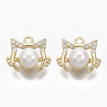 Brass Micro Pave Cubic Zirconia Charms, with Acrylic Imitation Pearl, Nickel Free, Cat, Real 18K Gold Plated, Clear, Seashell Color, 11x13x7mm, Hole: 1.5mm