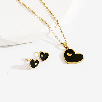 Stainless Steel Enamel Stud Earrings & Necklaces Sets, Heart, Black, 17.7 inch(45cm)