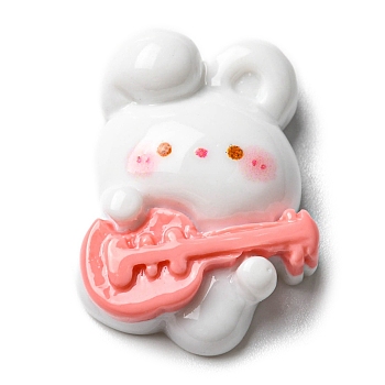 Musical Theme Opaque Resin Cabochons, Rabbit with Guitar, White, 24.5x18.5x7.5mm