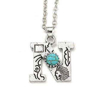 Letter A~Z Antique Silver Plated Alloy with Synthetic Turquoise Pendant Necklace, with Iron Cable Chains, Letter N, 18.70 inch(475mm), Letter N: 25.5x23mm
