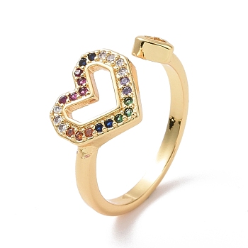 Colorful Cubic Zirconia Heart Open Ring, Brass Jewelry for Women, Cadmium Free & Lead Free, Real 18K Gold Plated, US Size 5 1/2(16.1mm)